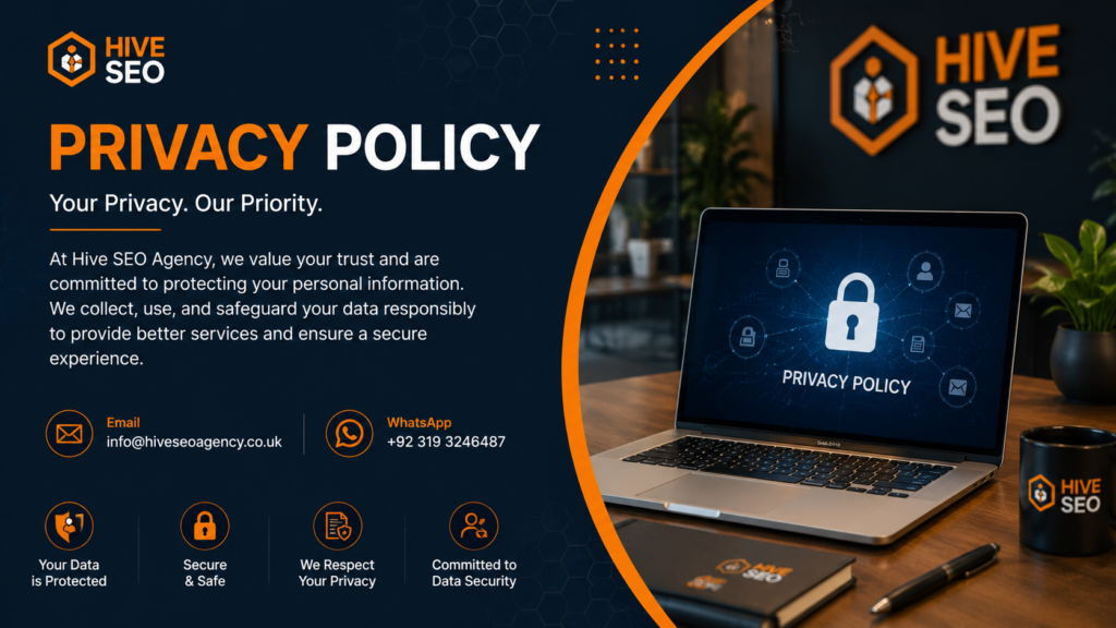 Professional privacy policy banner showing secure data protection, digital security, and customer privacy at Hive SEO Agency.