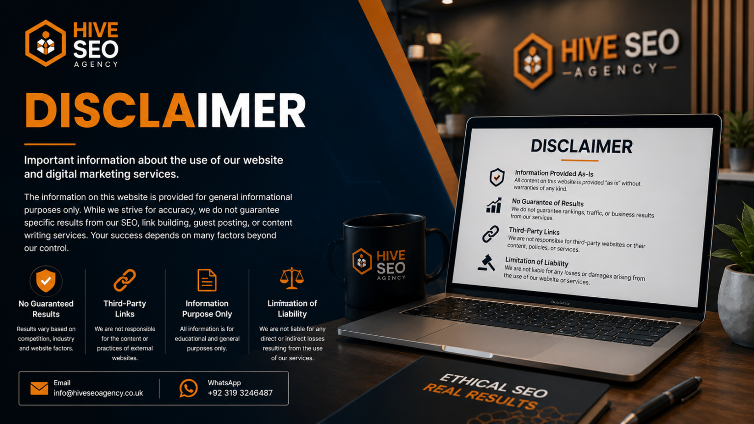 Professional disclaimer banner representing Hive SEO Agency's digital marketing services, legal transparency, service limitations, and ethical SEO practices.