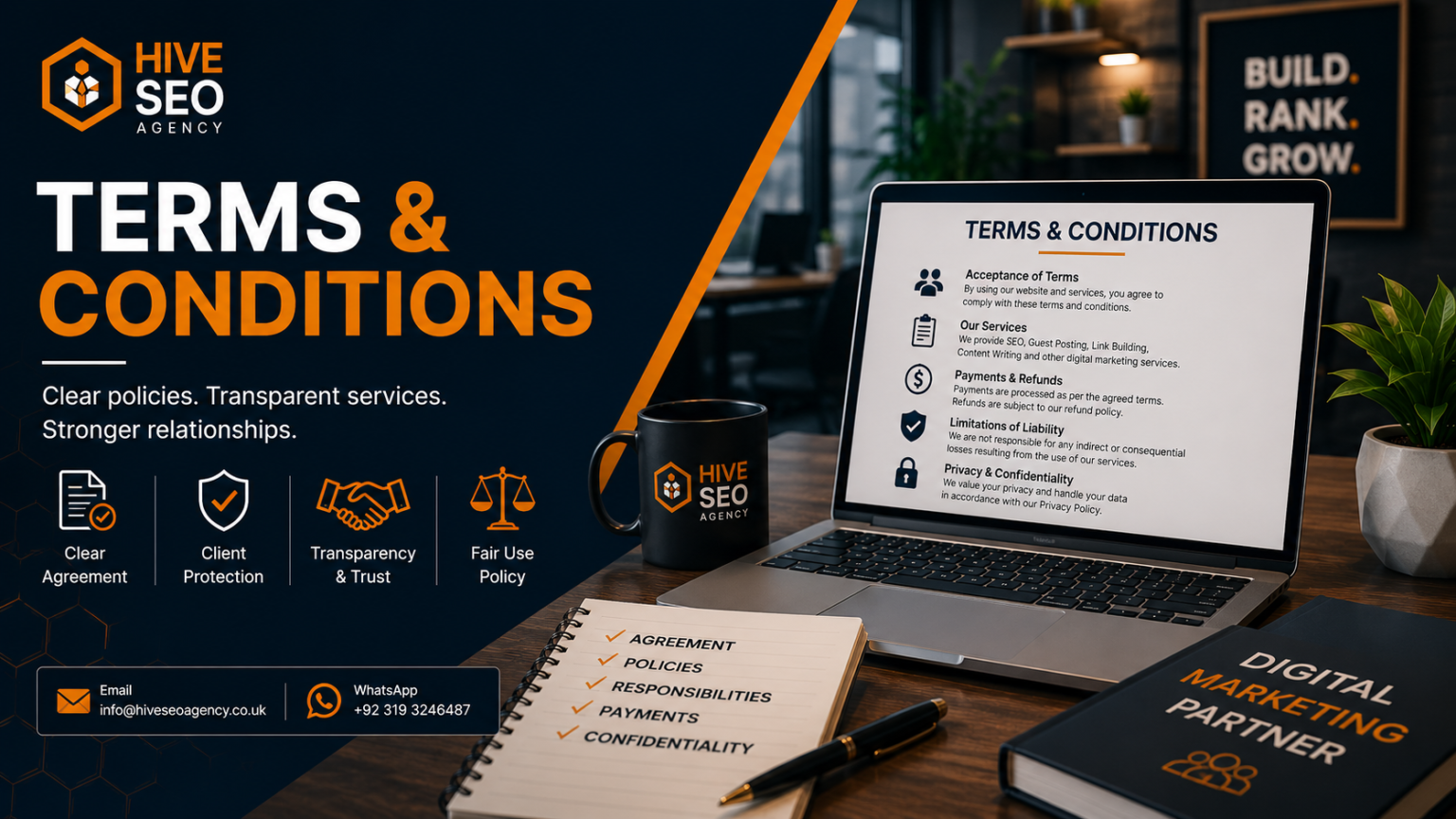 Professional Terms & Conditions banner representing legal agreements, business policies, and digital marketing services at Hive SEO Agency.